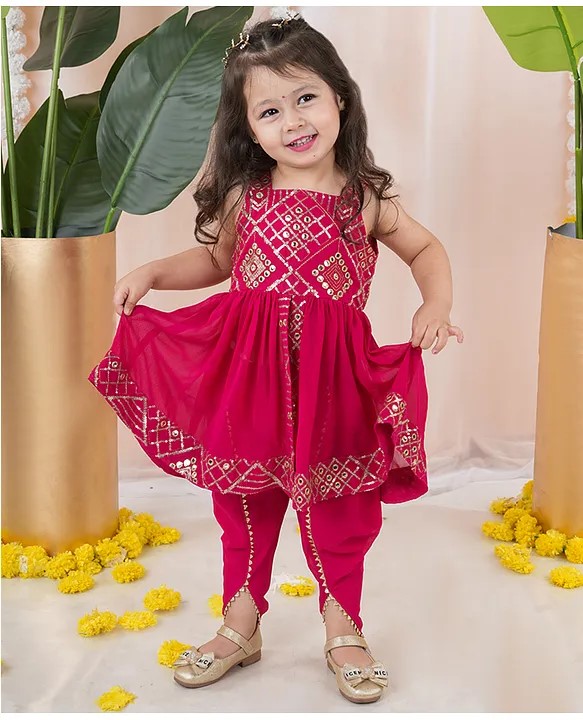 Titrit Georgette Woven Sleeveless Mirror Work Detailed Sequins Embellished Kurti & Dhoti Set - Pink